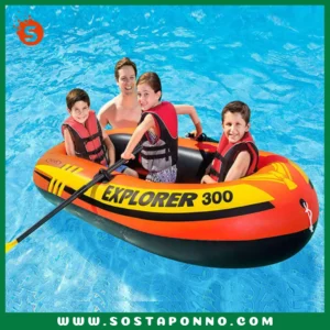 Brand: Intex Color: Yellow Features: Includes two 48" French oars Includes (1) high output manual pump 83" x 46" x 16" (211cm x 117cm x 41cm) Persons Capacity: 3 Weight Capacity: 410 lbs Welded on oar locks Grab rope on bow Whether cruising around the pool, or enjoying a day out on the lake with family, the Explorer 300 Boat is a great starter boat for your family. Designed for up to three people, this compact inflatable boat makes relaxing, fishing, or just cruising along a family adventure. Designed for comfort and rigidity with an inflatable I-beam floor, this boat has dual air chambers with double valves. A grab rope on the bow and welded oar locks are provided for your convenience. Also included are a U.S. Coast Guard I.D., a repair patch, two 48” French Oars, and an Intex high-output pump for easy inflation and deflation.