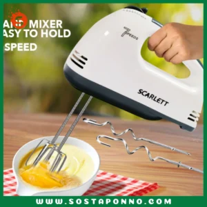 SCARLETT" England Super Hand Mixer model HE-133 7 speed-settings and 180-watt motor: Mix ingredients for a variety of recipes from slowly stirring in chunky ingredients, like nuts or chocolate chips at speed 1, whipping egg whites or heavy cream at speed 7. 4 stainless steel accessories: Chrome Beater×2, Dough Hook×2 Easy to control: Easily and quickly remove any accessory from the hand mixer with the single-handed press of a button ("OFF"). Convenient handheld: The handle allows you to control the hand blender with ease Quick heat dispelling, long life span. You can continuous whip egg white for 3 minutes. 220-240V 50/60 Hz 180W Instruction Manual