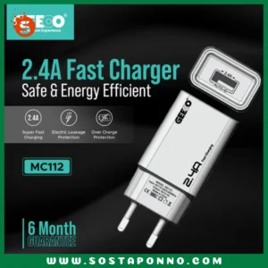 Geeoo 2.4A (Type-C) Fast Charging Safe & Energy Efficient MC112 1. Output: 5V=2.4A 2. Input: AC110-240V 50/60Hz 3. Electric Leakage Protection 4. Over Charge Protection