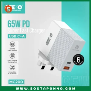Geeoo 65W PD Mini Quick Charger (USB C+A) MC200 GT1019 1. 65W PD Fast Charging 2. USB C+USB A Charging Port 3. Universal Laptop Available 4. Turbo Power Engine 5. Compact Size