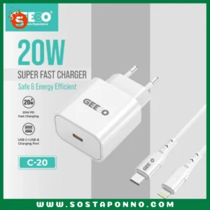 Geeoo C20 SUPER FAST CHARGER SET IFR-95 Specifications: PD 20W USB Safe Super Fast Charger Set Model: C20L Port: Lightning Color: White Material: PC Smart Chip 3A Fast Charger Cable Length: 1M Input: AC 100-240V 50/60Hz Output: 5V = 3A, 9V = 2A, 12V = 1.5A 6 MONTH WARRANTY