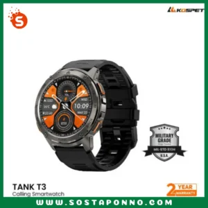KOSPET TANK T3 Calling Rugged Smartwatch IFR-6RT 1.43" AMOLED 466x466 Always-on Display 170+ sports modes Smart Bluetooth Calling App: Kospit FIT Strap size 22mm Bangla Support 5ATM waterproof 500mAh battery with 10-15 days of Normal use Additional Features: Phone calls, messages, music control, weather, calculator, alarms, stopwatch, world time, flashlight 2 Years Warranty Technical Specification of KOSPET TANK T3 BT Calling Smartwatch PRODUCT ADVANTAGES Military Certification: Certified by US MIL-STD 810H (15 Items) Waterproof Ratings: 5ATM & IP69K Waterproof (supports swimming and diving) Rugged Design: Original rugged design, global patent registered Display: 3rd Generation Corning Gorilla Glass (touch panel & heart rate panel) Materials: Full metal bezel, stainless steel back cover, four aluminum alloy buttons HARDWARE CPU: ACTIONS ATS3085L, 128MHz M4F+192MHz DSP, 256M NOR, BT V5.3 Display: 1.43" AMOLED 466x466 Always-on Display Memory: 256M NOR Heart Rate Sensor: VC9201+VP60 A2 (living-body recognition & dark-skin detection) G-Sensor: STK8325 3-axis accelerometer Touch Screen: G+F (Corning Gorilla Tempered Glass) Battery: 500mAh Pure Cobalt Battery Battery Life: 50 days (standby), 10-15 days (daily use), 2-3 days (always-on display) Connectivity: Bluetooth 5.3 System Compatibility: Android 5.1 & iOS 11.0 and above Other Hardware: Speaker, Microphone, Vibration Motor SOFTWARE Sports Modes: 170+ modes, 6 with smart recognition (walking, running, rowing, elliptical, etc.) Health Monitoring: Heart rate, blood oxygen, blood pressure (via algorithm) Sleep Monitoring: 24-hour smart sleep tracking Other Health Features: Women's period tracking, breathing training, pressure testing Additional Features: Phone calls, messages, music control, weather, calculator, alarms, stopwatch, world time, flashlight Languages: 32 built-in Bangla App: Kospit FIT