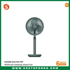 XIAOMI SOLOVE F5P 4000mAh Desktop Stand Fan IFR-54 Brand: Xiaomi Model: Solove F5P Color: Black, Green Country of Origin: China Battery Capacity: 4000mAh (14.8Wh/3.7V) Charging Backup: 3-12 Hours Specifications for the Xiaomi Solove F5P 4000mAh Desktop Stand Fan: Brand: Xiaomi Model: Solove F5P Color: Black, Green Country of Origin: China Battery Capacity: 4000mAh (14.8Wh/3.7V) Charging Backup: 3-12 Hours Features: Intelligent control, one-touch mobile phone operation Output Power: 5W Dimensions: 134mm x 180mm x 310.5mm Input: DC 5V-0.8A Voltage: 5V Power Consumption: 3 watts Material: ABS PC Charging Time: 6.5 hours Battery Type: Lithium-ion Polymer Charging Port: Type-C Product Weight: 522g Power Sources: Battery Number of Blades: 3