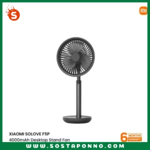 XIAOMI SOLOVE F5P 4000mAh Desktop Stand Fan IFR-54 Brand: Xiaomi Model: Solove F5P Color: Black, Green Country of Origin: China Battery Capacity: 4000mAh (14.8Wh/3.7V) Charging Backup: 3-12 Hours Specifications for the Xiaomi Solove F5P 4000mAh Desktop Stand Fan: Brand: Xiaomi Model: Solove F5P Color: Black, Green Country of Origin: China Battery Capacity: 4000mAh (14.8Wh/3.7V) Charging Backup: 3-12 Hours Features: Intelligent control, one-touch mobile phone operation Output Power: 5W Dimensions: 134mm x 180mm x 310.5mm Input: DC 5V-0.8A Voltage: 5V Power Consumption: 3 watts Material: ABS PC Charging Time: 6.5 hours Battery Type: Lithium-ion Polymer Charging Port: Type-C Product Weight: 522g Power Sources: Battery Number of Blades: 3