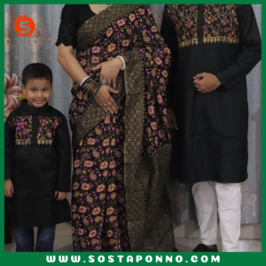 কাপল সেট (শাড়ি পাঞ্জাবি এবং বেবি পাঞ্জাবি) বিবরণ: এই কাপল সেটটি সম্পূর্ণ পরিবারের জন্য উপযুক্ত এবং বিশেষ দিনে আপনাদের পুরো পরিবারের সাজকে করে তুলবে আকর্ষণীয় ও স্মরণীয়। বিশেষ করে ঐতিহ্যবাহী ও আরামদায়ক হাফ সিল্ক এবং ধুপিয়ান কটনের কাপড় দিয়ে তৈরি এই কাপল সেটের প্রতিটি টুকরো আপনাকে অনন্যতার অনুভূতি দেবে। প্রিয়জন এবং ছোট্ট সোনামণির জন্য এমন অনন্য ডিজাইনের একটি কাপল সেট সংগ্রহের সুযোগ হাতছাড়া করবেন না! বৈশিষ্ট্য: শাড়ি: এই হাফ সিল্ক শাড়িটি ১২ হাত লম্বা এবং হ্যান্ড প্রিন্টের কারুকাজে সমৃদ্ধ। সিল্কের মসৃণ স্পর্শ এবং হ্যান্ড প্রিন্টের নান্দনিকতা, শাড়িটিকে আরও মনোমুগ্ধকর করে তোলে। এটি যে কোনো উৎসব বা বিশেষ দিনের জন্য একদম মানানসই, যেখানে আপনি হয়ে উঠবেন সবার মধ্যমণি। এই শাড়িটি কালার গ্যারান্টিসহ দেয়া হয়েছে, তাই এটি ব্যবহারে রঙের উজ্জ্বলতা বজায় থাকবে বহুদিন। পুরুষদের পাঞ্জাবি: ধুপিয়ান কটনের তৈরি এই পাঞ্জাবিটি হ্যান্ড প্রিন্টের কাজের জন্য বিশেষভাবে তৈরি। কটনের আরামদায়ক এবং শীতল স্পর্শ প্রতিটি দিনেই আপনার আরামকে বাড়িয়ে তুলবে। বিশেষ করে যেকোনো পারিবারিক অনুষ্ঠান বা মিলনমেলায় এটি আপনাকে ঐতিহ্যবাহী ও স্টাইলিশ লুক দেবে। বেবি পাঞ্জাবি: আপনার ছোট্ট সোনামণির জন্য এই আরামদায়ক ধুপিয়ান কটনের পাঞ্জাবিটি একদম উপযুক্ত। বাচ্চাদের ত্বকের জন্য উপযোগী এবং আরামদায়ক এই পাঞ্জাবিটি দেখতে যেমন সুন্দর তেমনই তার জন্য মিষ্টি লুক এনে দেবে। এর হ্যান্ড প্রিন্ট কাজের কারুকাজ তাকে সবার মাঝে আলাদা করে তুলবে। কালার গ্যারান্টি: প্রতিটি পোশাকেই রয়েছে কালার গ্যারান্টি, যা বহুদিন ব্যবহারের পরও উজ্জ্বলতা এবং রঙের স্থায়িত্ব বজায় রাখবে। তাই আপনি নিশ্চিত থাকতে পারেন যে, এই কাপল সেটটি দীর্ঘদিন ধরে তার রঙ ও মান বজায় রাখবে। বিশেষত্ব: এই কাপল সেটটি এমনভাবে তৈরি করা হয়েছে যাতে পুরো পরিবারের জন্য একটি সুন্দর ঐক্যপূর্ণ লুক প্রদান করে। ঐতিহ্যবাহী পোশাকের সৌন্দর্য এবং আধুনিক ডিজাইনের সংমিশ্রণ এই সেটকে সকল বয়সের জন্য মানানসই করে তুলেছে। আপনার পরিবারকে ঐতিহ্য ও ভালোবাসার বন্ধনে আবদ্ধ করে বিশেষ দিনগুলোতে তাদের অনন্য রূপে গড়ে তুলুন। অর্ডার করতে দেরি করবেন না—এখনই অর্ডার করে পুরো ফ্যামিলির জন্য এই বিশেষ কাপল সেটটি সংগ্রহ করুন এবং প্রতিটি মুহূর্তকে আরো রঙিন ও স্মরণীয় করে তুলুন!