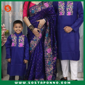 কাপল সেট (শাড়ি পাঞ্জাবি এবং বেবি পাঞ্জাবি) বিবরণ: এই কাপল সেটটি সম্পূর্ণ পরিবারের জন্য উপযুক্ত এবং বিশেষ দিনে আপনাদের পুরো পরিবারের সাজকে করে তুলবে আকর্ষণীয় ও স্মরণীয়। বিশেষ করে ঐতিহ্যবাহী ও আরামদায়ক হাফ সিল্ক এবং ধুপিয়ান কটনের কাপড় দিয়ে তৈরি এই কাপল সেটের প্রতিটি টুকরো আপনাকে অনন্যতার অনুভূতি দেবে। প্রিয়জন এবং ছোট্ট সোনামণির জন্য এমন অনন্য ডিজাইনের একটি কাপল সেট সংগ্রহের সুযোগ হাতছাড়া করবেন না! বৈশিষ্ট্য: শাড়ি: এই হাফ সিল্ক শাড়িটি ১২ হাত লম্বা এবং হ্যান্ড প্রিন্টের কারুকাজে সমৃদ্ধ। সিল্কের মসৃণ স্পর্শ এবং হ্যান্ড প্রিন্টের নান্দনিকতা, শাড়িটিকে আরও মনোমুগ্ধকর করে তোলে। এটি যে কোনো উৎসব বা বিশেষ দিনের জন্য একদম মানানসই, যেখানে আপনি হয়ে উঠবেন সবার মধ্যমণি। এই শাড়িটি কালার গ্যারান্টিসহ দেয়া হয়েছে, তাই এটি ব্যবহারে রঙের উজ্জ্বলতা বজায় থাকবে বহুদিন। পুরুষদের পাঞ্জাবি: ধুপিয়ান কটনের তৈরি এই পাঞ্জাবিটি হ্যান্ড প্রিন্টের কাজের জন্য বিশেষভাবে তৈরি। কটনের আরামদায়ক এবং শীতল স্পর্শ প্রতিটি দিনেই আপনার আরামকে বাড়িয়ে তুলবে। বিশেষ করে যেকোনো পারিবারিক অনুষ্ঠান বা মিলনমেলায় এটি আপনাকে ঐতিহ্যবাহী ও স্টাইলিশ লুক দেবে। বেবি পাঞ্জাবি: আপনার ছোট্ট সোনামণির জন্য এই আরামদায়ক ধুপিয়ান কটনের পাঞ্জাবিটি একদম উপযুক্ত। বাচ্চাদের ত্বকের জন্য উপযোগী এবং আরামদায়ক এই পাঞ্জাবিটি দেখতে যেমন সুন্দর তেমনই তার জন্য মিষ্টি লুক এনে দেবে। এর হ্যান্ড প্রিন্ট কাজের কারুকাজ তাকে সবার মাঝে আলাদা করে তুলবে। কালার গ্যারান্টি: প্রতিটি পোশাকেই রয়েছে কালার গ্যারান্টি, যা বহুদিন ব্যবহারের পরও উজ্জ্বলতা এবং রঙের স্থায়িত্ব বজায় রাখবে। তাই আপনি নিশ্চিত থাকতে পারেন যে, এই কাপল সেটটি দীর্ঘদিন ধরে তার রঙ ও মান বজায় রাখবে। বিশেষত্ব: এই কাপল সেটটি এমনভাবে তৈরি করা হয়েছে যাতে পুরো পরিবারের জন্য একটি সুন্দর ঐক্যপূর্ণ লুক প্রদান করে। ঐতিহ্যবাহী পোশাকের সৌন্দর্য এবং আধুনিক ডিজাইনের সংমিশ্রণ এই সেটকে সকল বয়সের জন্য মানানসই করে তুলেছে। আপনার পরিবারকে ঐতিহ্য ও ভালোবাসার বন্ধনে আবদ্ধ করে বিশেষ দিনগুলোতে তাদের অনন্য রূপে গড়ে তুলুন। অর্ডার করতে দেরি করবেন না—এখনই অর্ডার করে পুরো ফ্যামিলির জন্য এই বিশেষ কাপল সেটটি সংগ্রহ করুন এবং প্রতিটি মুহূর্তকে আরো রঙিন ও স্মরণীয় করে তুলুন!