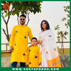কাপল সেট (শাড়ি পাঞ্জাবি এবং বেবি পাঞ্জাবি) বিবরণ: এই কাপল সেটটি সম্পূর্ণ পরিবারের জন্য উপযুক্ত এবং বিশেষ দিনে আপনাদের পুরো পরিবারের সাজকে করে তুলবে আকর্ষণীয় ও স্মরণীয়। বিশেষ করে ঐতিহ্যবাহী ও আরামদায়ক হাফ সিল্ক এবং ধুপিয়ান কটনের কাপড় দিয়ে তৈরি এই কাপল সেটের প্রতিটি টুকরো আপনাকে অনন্যতার অনুভূতি দেবে। প্রিয়জন এবং ছোট্ট সোনামণির জন্য এমন অনন্য ডিজাইনের একটি কাপল সেট সংগ্রহের সুযোগ হাতছাড়া করবেন না! বৈশিষ্ট্য: শাড়ি: এই হাফ সিল্ক শাড়িটি ১২ হাত লম্বা এবং হ্যান্ড প্রিন্টের কারুকাজে সমৃদ্ধ। সিল্কের মসৃণ স্পর্শ এবং হ্যান্ড প্রিন্টের নান্দনিকতা, শাড়িটিকে আরও মনোমুগ্ধকর করে তোলে। এটি যে কোনো উৎসব বা বিশেষ দিনের জন্য একদম মানানসই, যেখানে আপনি হয়ে উঠবেন সবার মধ্যমণি। এই শাড়িটি কালার গ্যারান্টিসহ দেয়া হয়েছে, তাই এটি ব্যবহারে রঙের উজ্জ্বলতা বজায় থাকবে বহুদিন। পুরুষদের পাঞ্জাবি: ধুপিয়ান কটনের তৈরি এই পাঞ্জাবিটি হ্যান্ড প্রিন্টের কাজের জন্য বিশেষভাবে তৈরি। কটনের আরামদায়ক এবং শীতল স্পর্শ প্রতিটি দিনেই আপনার আরামকে বাড়িয়ে তুলবে। বিশেষ করে যেকোনো পারিবারিক অনুষ্ঠান বা মিলনমেলায় এটি আপনাকে ঐতিহ্যবাহী ও স্টাইলিশ লুক দেবে। বেবি পাঞ্জাবি: আপনার ছোট্ট সোনামণির জন্য এই আরামদায়ক ধুপিয়ান কটনের পাঞ্জাবিটি একদম উপযুক্ত। বাচ্চাদের ত্বকের জন্য উপযোগী এবং আরামদায়ক এই পাঞ্জাবিটি দেখতে যেমন সুন্দর তেমনই তার জন্য মিষ্টি লুক এনে দেবে। এর হ্যান্ড প্রিন্ট কাজের কারুকাজ তাকে সবার মাঝে আলাদা করে তুলবে। কালার গ্যারান্টি: প্রতিটি পোশাকেই রয়েছে কালার গ্যারান্টি, যা বহুদিন ব্যবহারের পরও উজ্জ্বলতা এবং রঙের স্থায়িত্ব বজায় রাখবে। তাই আপনি নিশ্চিত থাকতে পারেন যে, এই কাপল সেটটি দীর্ঘদিন ধরে তার রঙ ও মান বজায় রাখবে। বিশেষত্ব: এই কাপল সেটটি এমনভাবে তৈরি করা হয়েছে যাতে পুরো পরিবারের জন্য একটি সুন্দর ঐক্যপূর্ণ লুক প্রদান করে। ঐতিহ্যবাহী পোশাকের সৌন্দর্য এবং আধুনিক ডিজাইনের সংমিশ্রণ এই সেটকে সকল বয়সের জন্য মানানসই করে তুলেছে। আপনার পরিবারকে ঐতিহ্য ও ভালোবাসার বন্ধনে আবদ্ধ করে বিশেষ দিনগুলোতে তাদের অনন্য রূপে গড়ে তুলুন। অর্ডার করতে দেরি করবেন না—এখনই অর্ডার করে পুরো ফ্যামিলির জন্য এই বিশেষ কাপল সেটটি সংগ্রহ করুন এবং প্রতিটি মুহূর্তকে আরো রঙিন ও স্মরণীয় করে তুলুন!