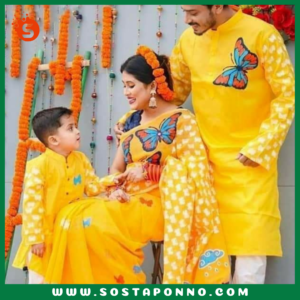 কাপল সেট (শাড়ি পাঞ্জাবি এবং বেবি পাঞ্জাবি) বিবরণ: এই কাপল সেটটি সম্পূর্ণ পরিবারের জন্য উপযুক্ত এবং বিশেষ দিনে আপনাদের পুরো পরিবারের সাজকে করে তুলবে আকর্ষণীয় ও স্মরণীয়। বিশেষ করে ঐতিহ্যবাহী ও আরামদায়ক হাফ সিল্ক এবং ধুপিয়ান কটনের কাপড় দিয়ে তৈরি এই কাপল সেটের প্রতিটি টুকরো আপনাকে অনন্যতার অনুভূতি দেবে। প্রিয়জন এবং ছোট্ট সোনামণির জন্য এমন অনন্য ডিজাইনের একটি কাপল সেট সংগ্রহের সুযোগ হাতছাড়া করবেন না! বৈশিষ্ট্য: শাড়ি: এই হাফ সিল্ক শাড়িটি ১২ হাত লম্বা এবং হ্যান্ড প্রিন্টের কারুকাজে সমৃদ্ধ। সিল্কের মসৃণ স্পর্শ এবং হ্যান্ড প্রিন্টের নান্দনিকতা, শাড়িটিকে আরও মনোমুগ্ধকর করে তোলে। এটি যে কোনো উৎসব বা বিশেষ দিনের জন্য একদম মানানসই, যেখানে আপনি হয়ে উঠবেন সবার মধ্যমণি। এই শাড়িটি কালার গ্যারান্টিসহ দেয়া হয়েছে, তাই এটি ব্যবহারে রঙের উজ্জ্বলতা বজায় থাকবে বহুদিন। পুরুষদের পাঞ্জাবি: ধুপিয়ান কটনের তৈরি এই পাঞ্জাবিটি হ্যান্ড প্রিন্টের কাজের জন্য বিশেষভাবে তৈরি। কটনের আরামদায়ক এবং শীতল স্পর্শ প্রতিটি দিনেই আপনার আরামকে বাড়িয়ে তুলবে। বিশেষ করে যেকোনো পারিবারিক অনুষ্ঠান বা মিলনমেলায় এটি আপনাকে ঐতিহ্যবাহী ও স্টাইলিশ লুক দেবে। বেবি পাঞ্জাবি: আপনার ছোট্ট সোনামণির জন্য এই আরামদায়ক ধুপিয়ান কটনের পাঞ্জাবিটি একদম উপযুক্ত। বাচ্চাদের ত্বকের জন্য উপযোগী এবং আরামদায়ক এই পাঞ্জাবিটি দেখতে যেমন সুন্দর তেমনই তার জন্য মিষ্টি লুক এনে দেবে। এর হ্যান্ড প্রিন্ট কাজের কারুকাজ তাকে সবার মাঝে আলাদা করে তুলবে। কালার গ্যারান্টি: প্রতিটি পোশাকেই রয়েছে কালার গ্যারান্টি, যা বহুদিন ব্যবহারের পরও উজ্জ্বলতা এবং রঙের স্থায়িত্ব বজায় রাখবে। তাই আপনি নিশ্চিত থাকতে পারেন যে, এই কাপল সেটটি দীর্ঘদিন ধরে তার রঙ ও মান বজায় রাখবে। বিশেষত্ব: এই কাপল সেটটি এমনভাবে তৈরি করা হয়েছে যাতে পুরো পরিবারের জন্য একটি সুন্দর ঐক্যপূর্ণ লুক প্রদান করে। ঐতিহ্যবাহী পোশাকের সৌন্দর্য এবং আধুনিক ডিজাইনের সংমিশ্রণ এই সেটকে সকল বয়সের জন্য মানানসই করে তুলেছে। আপনার পরিবারকে ঐতিহ্য ও ভালোবাসার বন্ধনে আবদ্ধ করে বিশেষ দিনগুলোতে তাদের অনন্য রূপে গড়ে তুলুন। অর্ডার করতে দেরি করবেন না—এখনই অর্ডার করে পুরো ফ্যামিলির জন্য এই বিশেষ কাপল সেটটি সংগ্রহ করুন এবং প্রতিটি মুহূর্তকে আরো রঙিন ও স্মরণীয় করে তুলুন!