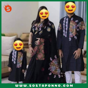 কাপল সেট (শাড়ি পাঞ্জাবি এবং বেবি পাঞ্জাবি) বিবরণ: এই কাপল সেটটি সম্পূর্ণ পরিবারের জন্য উপযুক্ত এবং বিশেষ দিনে আপনাদের পুরো পরিবারের সাজকে করে তুলবে আকর্ষণীয় ও স্মরণীয়। বিশেষ করে ঐতিহ্যবাহী ও আরামদায়ক হাফ সিল্ক এবং ধুপিয়ান কটনের কাপড় দিয়ে তৈরি এই কাপল সেটের প্রতিটি টুকরো আপনাকে অনন্যতার অনুভূতি দেবে। প্রিয়জন এবং ছোট্ট সোনামণির জন্য এমন অনন্য ডিজাইনের একটি কাপল সেট সংগ্রহের সুযোগ হাতছাড়া করবেন না! বৈশিষ্ট্য: শাড়ি: এই হাফ সিল্ক শাড়িটি ১২ হাত লম্বা এবং হ্যান্ড প্রিন্টের কারুকাজে সমৃদ্ধ। সিল্কের মসৃণ স্পর্শ এবং হ্যান্ড প্রিন্টের নান্দনিকতা, শাড়িটিকে আরও মনোমুগ্ধকর করে তোলে। এটি যে কোনো উৎসব বা বিশেষ দিনের জন্য একদম মানানসই, যেখানে আপনি হয়ে উঠবেন সবার মধ্যমণি। এই শাড়িটি কালার গ্যারান্টিসহ দেয়া হয়েছে, তাই এটি ব্যবহারে রঙের উজ্জ্বলতা বজায় থাকবে বহুদিন। পুরুষদের পাঞ্জাবি: ধুপিয়ান কটনের তৈরি এই পাঞ্জাবিটি হ্যান্ড প্রিন্টের কাজের জন্য বিশেষভাবে তৈরি। কটনের আরামদায়ক এবং শীতল স্পর্শ প্রতিটি দিনেই আপনার আরামকে বাড়িয়ে তুলবে। বিশেষ করে যেকোনো পারিবারিক অনুষ্ঠান বা মিলনমেলায় এটি আপনাকে ঐতিহ্যবাহী ও স্টাইলিশ লুক দেবে। বেবি পাঞ্জাবি: আপনার ছোট্ট সোনামণির জন্য এই আরামদায়ক ধুপিয়ান কটনের পাঞ্জাবিটি একদম উপযুক্ত। বাচ্চাদের ত্বকের জন্য উপযোগী এবং আরামদায়ক এই পাঞ্জাবিটি দেখতে যেমন সুন্দর তেমনই তার জন্য মিষ্টি লুক এনে দেবে। এর হ্যান্ড প্রিন্ট কাজের কারুকাজ তাকে সবার মাঝে আলাদা করে তুলবে। কালার গ্যারান্টি: প্রতিটি পোশাকেই রয়েছে কালার গ্যারান্টি, যা বহুদিন ব্যবহারের পরও উজ্জ্বলতা এবং রঙের স্থায়িত্ব বজায় রাখবে। তাই আপনি নিশ্চিত থাকতে পারেন যে, এই কাপল সেটটি দীর্ঘদিন ধরে তার রঙ ও মান বজায় রাখবে। বিশেষত্ব: এই কাপল সেটটি এমনভাবে তৈরি করা হয়েছে যাতে পুরো পরিবারের জন্য একটি সুন্দর ঐক্যপূর্ণ লুক প্রদান করে। ঐতিহ্যবাহী পোশাকের সৌন্দর্য এবং আধুনিক ডিজাইনের সংমিশ্রণ এই সেটকে সকল বয়সের জন্য মানানসই করে তুলেছে। আপনার পরিবারকে ঐতিহ্য ও ভালোবাসার বন্ধনে আবদ্ধ করে বিশেষ দিনগুলোতে তাদের অনন্য রূপে গড়ে তুলুন। অর্ডার করতে দেরি করবেন না—এখনই অর্ডার করে পুরো ফ্যামিলির জন্য এই বিশেষ কাপল সেটটি সংগ্রহ করুন এবং প্রতিটি মুহূর্তকে আরো রঙিন ও স্মরণীয় করে তুলুন!