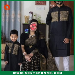 কাপল সেট (শাড়ি পাঞ্জাবি এবং বেবি পাঞ্জাবি) বিবরণ: এই কাপল সেটটি সম্পূর্ণ পরিবারের জন্য উপযুক্ত এবং বিশেষ দিনে আপনাদের পুরো পরিবারের সাজকে করে তুলবে আকর্ষণীয় ও স্মরণীয়। বিশেষ করে ঐতিহ্যবাহী ও আরামদায়ক হাফ সিল্ক এবং ধুপিয়ান কটনের কাপড় দিয়ে তৈরি এই কাপল সেটের প্রতিটি টুকরো আপনাকে অনন্যতার অনুভূতি দেবে। প্রিয়জন এবং ছোট্ট সোনামণির জন্য এমন অনন্য ডিজাইনের একটি কাপল সেট সংগ্রহের সুযোগ হাতছাড়া করবেন না! বৈশিষ্ট্য: শাড়ি: এই হাফ সিল্ক শাড়িটি ১২ হাত লম্বা এবং হ্যান্ড প্রিন্টের কারুকাজে সমৃদ্ধ। সিল্কের মসৃণ স্পর্শ এবং হ্যান্ড প্রিন্টের নান্দনিকতা, শাড়িটিকে আরও মনোমুগ্ধকর করে তোলে। এটি যে কোনো উৎসব বা বিশেষ দিনের জন্য একদম মানানসই, যেখানে আপনি হয়ে উঠবেন সবার মধ্যমণি। এই শাড়িটি কালার গ্যারান্টিসহ দেয়া হয়েছে, তাই এটি ব্যবহারে রঙের উজ্জ্বলতা বজায় থাকবে বহুদিন। পুরুষদের পাঞ্জাবি: ধুপিয়ান কটনের তৈরি এই পাঞ্জাবিটি হ্যান্ড প্রিন্টের কাজের জন্য বিশেষভাবে তৈরি। কটনের আরামদায়ক এবং শীতল স্পর্শ প্রতিটি দিনেই আপনার আরামকে বাড়িয়ে তুলবে। বিশেষ করে যেকোনো পারিবারিক অনুষ্ঠান বা মিলনমেলায় এটি আপনাকে ঐতিহ্যবাহী ও স্টাইলিশ লুক দেবে। বেবি পাঞ্জাবি: আপনার ছোট্ট সোনামণির জন্য এই আরামদায়ক ধুপিয়ান কটনের পাঞ্জাবিটি একদম উপযুক্ত। বাচ্চাদের ত্বকের জন্য উপযোগী এবং আরামদায়ক এই পাঞ্জাবিটি দেখতে যেমন সুন্দর তেমনই তার জন্য মিষ্টি লুক এনে দেবে। এর হ্যান্ড প্রিন্ট কাজের কারুকাজ তাকে সবার মাঝে আলাদা করে তুলবে। কালার গ্যারান্টি: প্রতিটি পোশাকেই রয়েছে কালার গ্যারান্টি, যা বহুদিন ব্যবহারের পরও উজ্জ্বলতা এবং রঙের স্থায়িত্ব বজায় রাখবে। তাই আপনি নিশ্চিত থাকতে পারেন যে, এই কাপল সেটটি দীর্ঘদিন ধরে তার রঙ ও মান বজায় রাখবে। বিশেষত্ব: এই কাপল সেটটি এমনভাবে তৈরি করা হয়েছে যাতে পুরো পরিবারের জন্য একটি সুন্দর ঐক্যপূর্ণ লুক প্রদান করে। ঐতিহ্যবাহী পোশাকের সৌন্দর্য এবং আধুনিক ডিজাইনের সংমিশ্রণ এই সেটকে সকল বয়সের জন্য মানানসই করে তুলেছে। আপনার পরিবারকে ঐতিহ্য ও ভালোবাসার বন্ধনে আবদ্ধ করে বিশেষ দিনগুলোতে তাদের অনন্য রূপে গড়ে তুলুন। অর্ডার করতে দেরি করবেন না—এখনই অর্ডার করে পুরো ফ্যামিলির জন্য এই বিশেষ কাপল সেটটি সংগ্রহ করুন এবং প্রতিটি মুহূর্তকে আরো রঙিন ও স্মরণীয় করে তুলুন!