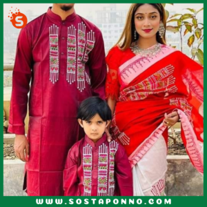 কাপল সেট (শাড়ি পাঞ্জাবি এবং বেবি পাঞ্জাবি) বিবরণ: এই কাপল সেটটি সম্পূর্ণ পরিবারের জন্য উপযুক্ত এবং বিশেষ দিনে আপনাদের পুরো পরিবারের সাজকে করে তুলবে আকর্ষণীয় ও স্মরণীয়। বিশেষ করে ঐতিহ্যবাহী ও আরামদায়ক হাফ সিল্ক এবং ধুপিয়ান কটনের কাপড় দিয়ে তৈরি এই কাপল সেটের প্রতিটি টুকরো আপনাকে অনন্যতার অনুভূতি দেবে। প্রিয়জন এবং ছোট্ট সোনামণির জন্য এমন অনন্য ডিজাইনের একটি কাপল সেট সংগ্রহের সুযোগ হাতছাড়া করবেন না! বৈশিষ্ট্য: শাড়ি: এই হাফ সিল্ক শাড়িটি ১২ হাত লম্বা এবং হ্যান্ড প্রিন্টের কারুকাজে সমৃদ্ধ। সিল্কের মসৃণ স্পর্শ এবং হ্যান্ড প্রিন্টের নান্দনিকতা, শাড়িটিকে আরও মনোমুগ্ধকর করে তোলে। এটি যে কোনো উৎসব বা বিশেষ দিনের জন্য একদম মানানসই, যেখানে আপনি হয়ে উঠবেন সবার মধ্যমণি। এই শাড়িটি কালার গ্যারান্টিসহ দেয়া হয়েছে, তাই এটি ব্যবহারে রঙের উজ্জ্বলতা বজায় থাকবে বহুদিন। পুরুষদের পাঞ্জাবি: ধুপিয়ান কটনের তৈরি এই পাঞ্জাবিটি হ্যান্ড প্রিন্টের কাজের জন্য বিশেষভাবে তৈরি। কটনের আরামদায়ক এবং শীতল স্পর্শ প্রতিটি দিনেই আপনার আরামকে বাড়িয়ে তুলবে। বিশেষ করে যেকোনো পারিবারিক অনুষ্ঠান বা মিলনমেলায় এটি আপনাকে ঐতিহ্যবাহী ও স্টাইলিশ লুক দেবে। বেবি পাঞ্জাবি: আপনার ছোট্ট সোনামণির জন্য এই আরামদায়ক ধুপিয়ান কটনের পাঞ্জাবিটি একদম উপযুক্ত। বাচ্চাদের ত্বকের জন্য উপযোগী এবং আরামদায়ক এই পাঞ্জাবিটি দেখতে যেমন সুন্দর তেমনই তার জন্য মিষ্টি লুক এনে দেবে। এর হ্যান্ড প্রিন্ট কাজের কারুকাজ তাকে সবার মাঝে আলাদা করে তুলবে। কালার গ্যারান্টি: প্রতিটি পোশাকেই রয়েছে কালার গ্যারান্টি, যা বহুদিন ব্যবহারের পরও উজ্জ্বলতা এবং রঙের স্থায়িত্ব বজায় রাখবে। তাই আপনি নিশ্চিত থাকতে পারেন যে, এই কাপল সেটটি দীর্ঘদিন ধরে তার রঙ ও মান বজায় রাখবে। বিশেষত্ব: এই কাপল সেটটি এমনভাবে তৈরি করা হয়েছে যাতে পুরো পরিবারের জন্য একটি সুন্দর ঐক্যপূর্ণ লুক প্রদান করে। ঐতিহ্যবাহী পোশাকের সৌন্দর্য এবং আধুনিক ডিজাইনের সংমিশ্রণ এই সেটকে সকল বয়সের জন্য মানানসই করে তুলেছে। আপনার পরিবারকে ঐতিহ্য ও ভালোবাসার বন্ধনে আবদ্ধ করে বিশেষ দিনগুলোতে তাদের অনন্য রূপে গড়ে তুলুন। অর্ডার করতে দেরি করবেন না—এখনই অর্ডার করে পুরো ফ্যামিলির জন্য এই বিশেষ কাপল সেটটি সংগ্রহ করুন এবং প্রতিটি মুহূর্তকে আরো রঙিন ও স্মরণীয় করে তুলুন!