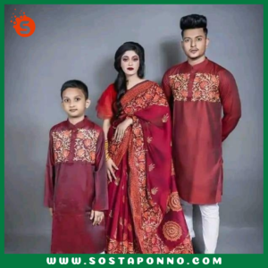 কাপল সেট (শাড়ি পাঞ্জাবি এবং বেবি পাঞ্জাবি) বিবরণ: এই কাপল সেটটি সম্পূর্ণ পরিবারের জন্য উপযুক্ত এবং বিশেষ দিনে আপনাদের পুরো পরিবারের সাজকে করে তুলবে আকর্ষণীয় ও স্মরণীয়। বিশেষ করে ঐতিহ্যবাহী ও আরামদায়ক হাফ সিল্ক এবং ধুপিয়ান কটনের কাপড় দিয়ে তৈরি এই কাপল সেটের প্রতিটি টুকরো আপনাকে অনন্যতার অনুভূতি দেবে। প্রিয়জন এবং ছোট্ট সোনামণির জন্য এমন অনন্য ডিজাইনের একটি কাপল সেট সংগ্রহের সুযোগ হাতছাড়া করবেন না! বৈশিষ্ট্য: শাড়ি: এই হাফ সিল্ক শাড়িটি ১২ হাত লম্বা এবং হ্যান্ড প্রিন্টের কারুকাজে সমৃদ্ধ। সিল্কের মসৃণ স্পর্শ এবং হ্যান্ড প্রিন্টের নান্দনিকতা, শাড়িটিকে আরও মনোমুগ্ধকর করে তোলে। এটি যে কোনো উৎসব বা বিশেষ দিনের জন্য একদম মানানসই, যেখানে আপনি হয়ে উঠবেন সবার মধ্যমণি। এই শাড়িটি কালার গ্যারান্টিসহ দেয়া হয়েছে, তাই এটি ব্যবহারে রঙের উজ্জ্বলতা বজায় থাকবে বহুদিন। পুরুষদের পাঞ্জাবি: ধুপিয়ান কটনের তৈরি এই পাঞ্জাবিটি হ্যান্ড প্রিন্টের কাজের জন্য বিশেষভাবে তৈরি। কটনের আরামদায়ক এবং শীতল স্পর্শ প্রতিটি দিনেই আপনার আরামকে বাড়িয়ে তুলবে। বিশেষ করে যেকোনো পারিবারিক অনুষ্ঠান বা মিলনমেলায় এটি আপনাকে ঐতিহ্যবাহী ও স্টাইলিশ লুক দেবে। বেবি পাঞ্জাবি: আপনার ছোট্ট সোনামণির জন্য এই আরামদায়ক ধুপিয়ান কটনের পাঞ্জাবিটি একদম উপযুক্ত। বাচ্চাদের ত্বকের জন্য উপযোগী এবং আরামদায়ক এই পাঞ্জাবিটি দেখতে যেমন সুন্দর তেমনই তার জন্য মিষ্টি লুক এনে দেবে। এর হ্যান্ড প্রিন্ট কাজের কারুকাজ তাকে সবার মাঝে আলাদা করে তুলবে। কালার গ্যারান্টি: প্রতিটি পোশাকেই রয়েছে কালার গ্যারান্টি, যা বহুদিন ব্যবহারের পরও উজ্জ্বলতা এবং রঙের স্থায়িত্ব বজায় রাখবে। তাই আপনি নিশ্চিত থাকতে পারেন যে, এই কাপল সেটটি দীর্ঘদিন ধরে তার রঙ ও মান বজায় রাখবে। বিশেষত্ব: এই কাপল সেটটি এমনভাবে তৈরি করা হয়েছে যাতে পুরো পরিবারের জন্য একটি সুন্দর ঐক্যপূর্ণ লুক প্রদান করে। ঐতিহ্যবাহী পোশাকের সৌন্দর্য এবং আধুনিক ডিজাইনের সংমিশ্রণ এই সেটকে সকল বয়সের জন্য মানানসই করে তুলেছে। আপনার পরিবারকে ঐতিহ্য ও ভালোবাসার বন্ধনে আবদ্ধ করে বিশেষ দিনগুলোতে তাদের অনন্য রূপে গড়ে তুলুন। অর্ডার করতে দেরি করবেন না—এখনই অর্ডার করে পুরো ফ্যামিলির জন্য এই বিশেষ কাপল সেটটি সংগ্রহ করুন এবং প্রতিটি মুহূর্তকে আরো রঙিন ও স্মরণীয় করে তুলুন!
