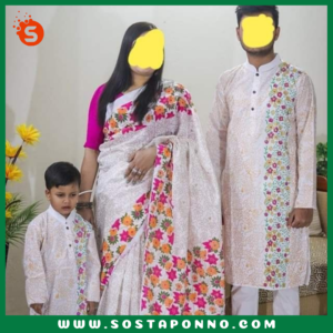 কাপল সেট (শাড়ি পাঞ্জাবি এবং বেবি পাঞ্জাবি) বিবরণ: এই কাপল সেটটি সম্পূর্ণ পরিবারের জন্য উপযুক্ত এবং বিশেষ দিনে আপনাদের পুরো পরিবারের সাজকে করে তুলবে আকর্ষণীয় ও স্মরণীয়। বিশেষ করে ঐতিহ্যবাহী ও আরামদায়ক হাফ সিল্ক এবং ধুপিয়ান কটনের কাপড় দিয়ে তৈরি এই কাপল সেটের প্রতিটি টুকরো আপনাকে অনন্যতার অনুভূতি দেবে। প্রিয়জন এবং ছোট্ট সোনামণির জন্য এমন অনন্য ডিজাইনের একটি কাপল সেট সংগ্রহের সুযোগ হাতছাড়া করবেন না! বৈশিষ্ট্য: শাড়ি: এই হাফ সিল্ক শাড়িটি ১২ হাত লম্বা এবং হ্যান্ড প্রিন্টের কারুকাজে সমৃদ্ধ। সিল্কের মসৃণ স্পর্শ এবং হ্যান্ড প্রিন্টের নান্দনিকতা, শাড়িটিকে আরও মনোমুগ্ধকর করে তোলে। এটি যে কোনো উৎসব বা বিশেষ দিনের জন্য একদম মানানসই, যেখানে আপনি হয়ে উঠবেন সবার মধ্যমণি। এই শাড়িটি কালার গ্যারান্টিসহ দেয়া হয়েছে, তাই এটি ব্যবহারে রঙের উজ্জ্বলতা বজায় থাকবে বহুদিন। পুরুষদের পাঞ্জাবি: ধুপিয়ান কটনের তৈরি এই পাঞ্জাবিটি হ্যান্ড প্রিন্টের কাজের জন্য বিশেষভাবে তৈরি। কটনের আরামদায়ক এবং শীতল স্পর্শ প্রতিটি দিনেই আপনার আরামকে বাড়িয়ে তুলবে। বিশেষ করে যেকোনো পারিবারিক অনুষ্ঠান বা মিলনমেলায় এটি আপনাকে ঐতিহ্যবাহী ও স্টাইলিশ লুক দেবে। বেবি পাঞ্জাবি: আপনার ছোট্ট সোনামণির জন্য এই আরামদায়ক ধুপিয়ান কটনের পাঞ্জাবিটি একদম উপযুক্ত। বাচ্চাদের ত্বকের জন্য উপযোগী এবং আরামদায়ক এই পাঞ্জাবিটি দেখতে যেমন সুন্দর তেমনই তার জন্য মিষ্টি লুক এনে দেবে। এর হ্যান্ড প্রিন্ট কাজের কারুকাজ তাকে সবার মাঝে আলাদা করে তুলবে। কালার গ্যারান্টি: প্রতিটি পোশাকেই রয়েছে কালার গ্যারান্টি, যা বহুদিন ব্যবহারের পরও উজ্জ্বলতা এবং রঙের স্থায়িত্ব বজায় রাখবে। তাই আপনি নিশ্চিত থাকতে পারেন যে, এই কাপল সেটটি দীর্ঘদিন ধরে তার রঙ ও মান বজায় রাখবে। বিশেষত্ব: এই কাপল সেটটি এমনভাবে তৈরি করা হয়েছে যাতে পুরো পরিবারের জন্য একটি সুন্দর ঐক্যপূর্ণ লুক প্রদান করে। ঐতিহ্যবাহী পোশাকের সৌন্দর্য এবং আধুনিক ডিজাইনের সংমিশ্রণ এই সেটকে সকল বয়সের জন্য মানানসই করে তুলেছে। আপনার পরিবারকে ঐতিহ্য ও ভালোবাসার বন্ধনে আবদ্ধ করে বিশেষ দিনগুলোতে তাদের অনন্য রূপে গড়ে তুলুন। অর্ডার করতে দেরি করবেন না—এখনই অর্ডার করে পুরো ফ্যামিলির জন্য এই বিশেষ কাপল সেটটি সংগ্রহ করুন এবং প্রতিটি মুহূর্তকে আরো রঙিন ও স্মরণীয় করে তুলুন!
