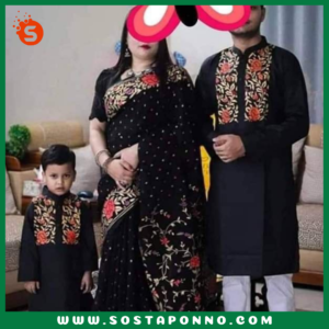 কাপল সেট (শাড়ি পাঞ্জাবি এবং বেবি পাঞ্জাবি) বিবরণ: এই কাপল সেটটি সম্পূর্ণ পরিবারের জন্য উপযুক্ত এবং বিশেষ দিনে আপনাদের পুরো পরিবারের সাজকে করে তুলবে আকর্ষণীয় ও স্মরণীয়। বিশেষ করে ঐতিহ্যবাহী ও আরামদায়ক হাফ সিল্ক এবং ধুপিয়ান কটনের কাপড় দিয়ে তৈরি এই কাপল সেটের প্রতিটি টুকরো আপনাকে অনন্যতার অনুভূতি দেবে। প্রিয়জন এবং ছোট্ট সোনামণির জন্য এমন অনন্য ডিজাইনের একটি কাপল সেট সংগ্রহের সুযোগ হাতছাড়া করবেন না! বৈশিষ্ট্য: শাড়ি: এই হাফ সিল্ক শাড়িটি ১২ হাত লম্বা এবং হ্যান্ড প্রিন্টের কারুকাজে সমৃদ্ধ। সিল্কের মসৃণ স্পর্শ এবং হ্যান্ড প্রিন্টের নান্দনিকতা, শাড়িটিকে আরও মনোমুগ্ধকর করে তোলে। এটি যে কোনো উৎসব বা বিশেষ দিনের জন্য একদম মানানসই, যেখানে আপনি হয়ে উঠবেন সবার মধ্যমণি। এই শাড়িটি কালার গ্যারান্টিসহ দেয়া হয়েছে, তাই এটি ব্যবহারে রঙের উজ্জ্বলতা বজায় থাকবে বহুদিন। পুরুষদের পাঞ্জাবি: ধুপিয়ান কটনের তৈরি এই পাঞ্জাবিটি হ্যান্ড প্রিন্টের কাজের জন্য বিশেষভাবে তৈরি। কটনের আরামদায়ক এবং শীতল স্পর্শ প্রতিটি দিনেই আপনার আরামকে বাড়িয়ে তুলবে। বিশেষ করে যেকোনো পারিবারিক অনুষ্ঠান বা মিলনমেলায় এটি আপনাকে ঐতিহ্যবাহী ও স্টাইলিশ লুক দেবে। বেবি পাঞ্জাবি: আপনার ছোট্ট সোনামণির জন্য এই আরামদায়ক ধুপিয়ান কটনের পাঞ্জাবিটি একদম উপযুক্ত। বাচ্চাদের ত্বকের জন্য উপযোগী এবং আরামদায়ক এই পাঞ্জাবিটি দেখতে যেমন সুন্দর তেমনই তার জন্য মিষ্টি লুক এনে দেবে। এর হ্যান্ড প্রিন্ট কাজের কারুকাজ তাকে সবার মাঝে আলাদা করে তুলবে। কালার গ্যারান্টি: প্রতিটি পোশাকেই রয়েছে কালার গ্যারান্টি, যা বহুদিন ব্যবহারের পরও উজ্জ্বলতা এবং রঙের স্থায়িত্ব বজায় রাখবে। তাই আপনি নিশ্চিত থাকতে পারেন যে, এই কাপল সেটটি দীর্ঘদিন ধরে তার রঙ ও মান বজায় রাখবে। বিশেষত্ব: এই কাপল সেটটি এমনভাবে তৈরি করা হয়েছে যাতে পুরো পরিবারের জন্য একটি সুন্দর ঐক্যপূর্ণ লুক প্রদান করে। ঐতিহ্যবাহী পোশাকের সৌন্দর্য এবং আধুনিক ডিজাইনের সংমিশ্রণ এই সেটকে সকল বয়সের জন্য মানানসই করে তুলেছে। আপনার পরিবারকে ঐতিহ্য ও ভালোবাসার বন্ধনে আবদ্ধ করে বিশেষ দিনগুলোতে তাদের অনন্য রূপে গড়ে তুলুন। অর্ডার করতে দেরি করবেন না—এখনই অর্ডার করে পুরো ফ্যামিলির জন্য এই বিশেষ কাপল সেটটি সংগ্রহ করুন এবং প্রতিটি মুহূর্তকে আরো রঙিন ও স্মরণীয় করে তুলুন!