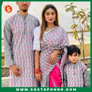 কাপল সেট (শাড়ি পাঞ্জাবি এবং বেবি পাঞ্জাবি) বিবরণ: এই কাপল সেটটি সম্পূর্ণ পরিবারের জন্য উপযুক্ত এবং বিশেষ দিনে আপনাদের পুরো পরিবারের সাজকে করে তুলবে আকর্ষণীয় ও স্মরণীয়। বিশেষ করে ঐতিহ্যবাহী ও আরামদায়ক হাফ সিল্ক এবং ধুপিয়ান কটনের কাপড় দিয়ে তৈরি এই কাপল সেটের প্রতিটি টুকরো আপনাকে অনন্যতার অনুভূতি দেবে। প্রিয়জন এবং ছোট্ট সোনামণির জন্য এমন অনন্য ডিজাইনের একটি কাপল সেট সংগ্রহের সুযোগ হাতছাড়া করবেন না! বৈশিষ্ট্য: শাড়ি: এই হাফ সিল্ক শাড়িটি ১২ হাত লম্বা এবং হ্যান্ড প্রিন্টের কারুকাজে সমৃদ্ধ। সিল্কের মসৃণ স্পর্শ এবং হ্যান্ড প্রিন্টের নান্দনিকতা, শাড়িটিকে আরও মনোমুগ্ধকর করে তোলে। এটি যে কোনো উৎসব বা বিশেষ দিনের জন্য একদম মানানসই, যেখানে আপনি হয়ে উঠবেন সবার মধ্যমণি। এই শাড়িটি কালার গ্যারান্টিসহ দেয়া হয়েছে, তাই এটি ব্যবহারে রঙের উজ্জ্বলতা বজায় থাকবে বহুদিন। পুরুষদের পাঞ্জাবি: ধুপিয়ান কটনের তৈরি এই পাঞ্জাবিটি হ্যান্ড প্রিন্টের কাজের জন্য বিশেষভাবে তৈরি। কটনের আরামদায়ক এবং শীতল স্পর্শ প্রতিটি দিনেই আপনার আরামকে বাড়িয়ে তুলবে। বিশেষ করে যেকোনো পারিবারিক অনুষ্ঠান বা মিলনমেলায় এটি আপনাকে ঐতিহ্যবাহী ও স্টাইলিশ লুক দেবে। বেবি পাঞ্জাবি: আপনার ছোট্ট সোনামণির জন্য এই আরামদায়ক ধুপিয়ান কটনের পাঞ্জাবিটি একদম উপযুক্ত। বাচ্চাদের ত্বকের জন্য উপযোগী এবং আরামদায়ক এই পাঞ্জাবিটি দেখতে যেমন সুন্দর তেমনই তার জন্য মিষ্টি লুক এনে দেবে। এর হ্যান্ড প্রিন্ট কাজের কারুকাজ তাকে সবার মাঝে আলাদা করে তুলবে। কালার গ্যারান্টি: প্রতিটি পোশাকেই রয়েছে কালার গ্যারান্টি, যা বহুদিন ব্যবহারের পরও উজ্জ্বলতা এবং রঙের স্থায়িত্ব বজায় রাখবে। তাই আপনি নিশ্চিত থাকতে পারেন যে, এই কাপল সেটটি দীর্ঘদিন ধরে তার রঙ ও মান বজায় রাখবে। বিশেষত্ব: এই কাপল সেটটি এমনভাবে তৈরি করা হয়েছে যাতে পুরো পরিবারের জন্য একটি সুন্দর ঐক্যপূর্ণ লুক প্রদান করে। ঐতিহ্যবাহী পোশাকের সৌন্দর্য এবং আধুনিক ডিজাইনের সংমিশ্রণ এই সেটকে সকল বয়সের জন্য মানানসই করে তুলেছে। আপনার পরিবারকে ঐতিহ্য ও ভালোবাসার বন্ধনে আবদ্ধ করে বিশেষ দিনগুলোতে তাদের অনন্য রূপে গড়ে তুলুন। অর্ডার করতে দেরি করবেন না—এখনই অর্ডার করে পুরো ফ্যামিলির জন্য এই বিশেষ কাপল সেটটি সংগ্রহ করুন এবং প্রতিটি মুহূর্তকে আরো রঙিন ও স্মরণীয় করে তুলুন!