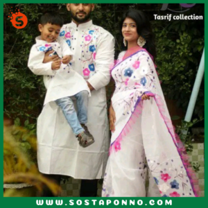 বিবরণ: এই কাপল (শাড়ি, পাঞ্জাবি, এবং বেবি পাঞ্জাবি) সেটটি সম্পূর্ণ পরিবারের জন্য উপযুক্ত এবং বিশেষ দিনে আপনাদের পুরো পরিবারের সাজকে করে তুলবে আকর্ষণীয় ও স্মরণীয়। বিশেষ করে ঐতিহ্যবাহী ও আরামদায়ক হাফ সিল্ক এবং ধুপিয়ান কটনের কাপড় দিয়ে তৈরি এই কাপল সেটের প্রতিটি টুকরো আপনাকে অনন্যতার অনুভূতি দেবে। প্রিয়জন এবং ছোট্ট সোনামণির জন্য এমন অনন্য ডিজাইনের একটি কাপল সেট সংগ্রহের সুযোগ হাতছাড়া করবেন না!