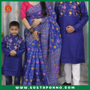 কাপল সেট (শাড়ি, পাঞ্জাবি, এবং বেবি পাঞ্জাবি) বিবরণ: এই কাপল সেটটি সম্পূর্ণ পরিবারের জন্য উপযুক্ত এবং বিশেষ দিনে আপনাদের পুরো পরিবারের সাজকে করে তুলবে আকর্ষণীয় ও স্মরণীয়। বিশেষ করে ঐতিহ্যবাহী ও আরামদায়ক হাফ সিল্ক এবং ধুপিয়ান কটনের কাপড় দিয়ে তৈরি এই কাপল সেটের প্রতিটি টুকরো আপনাকে অনন্যতার অনুভূতি দেবে। প্রিয়জন এবং ছোট্ট সোনামণির জন্য এমন অনন্য ডিজাইনের একটি কাপল সেট সংগ্রহের সুযোগ হাতছাড়া করবেন না! বৈশিষ্ট্য: শাড়ি: এই হাফ সিল্ক শাড়িটি ১২ হাত লম্বা এবং হ্যান্ড প্রিন্টের কারুকাজে সমৃদ্ধ। সিল্কের মসৃণ স্পর্শ এবং হ্যান্ড প্রিন্টের নান্দনিকতা, শাড়িটিকে আরও মনোমুগ্ধকর করে তোলে। এটি যে কোনো উৎসব বা বিশেষ দিনের জন্য একদম মানানসই, যেখানে আপনি হয়ে উঠবেন সবার মধ্যমণি। এই শাড়িটি কালার গ্যারান্টিসহ দেয়া হয়েছে, তাই এটি ব্যবহারে রঙের উজ্জ্বলতা বজায় থাকবে বহুদিন। পুরুষদের পাঞ্জাবি: ধুপিয়ান কটনের তৈরি এই পাঞ্জাবিটি হ্যান্ড প্রিন্টের কাজের জন্য বিশেষভাবে তৈরি। কটনের আরামদায়ক এবং শীতল স্পর্শ প্রতিটি দিনেই আপনার আরামকে বাড়িয়ে তুলবে। বিশেষ করে যেকোনো পারিবারিক অনুষ্ঠান বা মিলনমেলায় এটি আপনাকে ঐতিহ্যবাহী ও স্টাইলিশ লুক দেবে। বেবি পাঞ্জাবি: আপনার ছোট্ট সোনামণির জন্য এই আরামদায়ক ধুপিয়ান কটনের পাঞ্জাবিটি একদম উপযুক্ত। বাচ্চাদের ত্বকের জন্য উপযোগী এবং আরামদায়ক এই পাঞ্জাবিটি দেখতে যেমন সুন্দর তেমনই তার জন্য মিষ্টি লুক এনে দেবে। এর হ্যান্ড প্রিন্ট কাজের কারুকাজ তাকে সবার মাঝে আলাদা করে তুলবে। কালার গ্যারান্টি: প্রতিটি পোশাকেই রয়েছে কালার গ্যারান্টি, যা বহুদিন ব্যবহারের পরও উজ্জ্বলতা এবং রঙের স্থায়িত্ব বজায় রাখবে। তাই আপনি নিশ্চিত থাকতে পারেন যে, এই কাপল সেটটি দীর্ঘদিন ধরে তার রঙ ও মান বজায় রাখবে। বিশেষত্ব: এই কাপল সেটটি এমনভাবে তৈরি করা হয়েছে যাতে পুরো পরিবারের জন্য একটি সুন্দর ঐক্যপূর্ণ লুক প্রদান করে। ঐতিহ্যবাহী পোশাকের সৌন্দর্য এবং আধুনিক ডিজাইনের সংমিশ্রণ এই সেটকে সকল বয়সের জন্য মানানসই করে তুলেছে। আপনার পরিবারকে ঐতিহ্য ও ভালোবাসার বন্ধনে আবদ্ধ করে বিশেষ দিনগুলোতে তাদের অনন্য রূপে গড়ে তুলুন। অর্ডার করতে দেরি করবেন না—এখনই অর্ডার করে পুরো ফ্যামিলির জন্য এই বিশেষ কাপল সেটটি সংগ্রহ করুন এবং প্রতিটি মুহূর্তকে আরো রঙিন ও স্মরণীয় করে তুলুন!