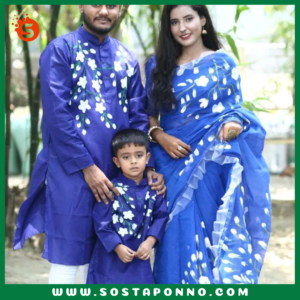 কাপল সেট (শাড়ি পাঞ্জাবি এবং বেবি পাঞ্জাবি) বিবরণ: এই কাপল সেটটি সম্পূর্ণ পরিবারের জন্য উপযুক্ত এবং বিশেষ দিনে আপনাদের পুরো পরিবারের সাজকে করে তুলবে আকর্ষণীয় ও স্মরণীয়। বিশেষ করে ঐতিহ্যবাহী ও আরামদায়ক হাফ সিল্ক এবং ধুপিয়ান কটনের কাপড় দিয়ে তৈরি এই কাপল সেটের প্রতিটি টুকরো আপনাকে অনন্যতার অনুভূতি দেবে। প্রিয়জন এবং ছোট্ট সোনামণির জন্য এমন অনন্য ডিজাইনের একটি কাপল সেট সংগ্রহের সুযোগ হাতছাড়া করবেন না! বৈশিষ্ট্য: শাড়ি: এই হাফ সিল্ক শাড়িটি ১২ হাত লম্বা এবং হ্যান্ড প্রিন্টের কারুকাজে সমৃদ্ধ। সিল্কের মসৃণ স্পর্শ এবং হ্যান্ড প্রিন্টের নান্দনিকতা, শাড়িটিকে আরও মনোমুগ্ধকর করে তোলে। এটি যে কোনো উৎসব বা বিশেষ দিনের জন্য একদম মানানসই, যেখানে আপনি হয়ে উঠবেন সবার মধ্যমণি। এই শাড়িটি কালার গ্যারান্টিসহ দেয়া হয়েছে, তাই এটি ব্যবহারে রঙের উজ্জ্বলতা বজায় থাকবে বহুদিন। পুরুষদের পাঞ্জাবি: ধুপিয়ান কটনের তৈরি এই পাঞ্জাবিটি হ্যান্ড প্রিন্টের কাজের জন্য বিশেষভাবে তৈরি। কটনের আরামদায়ক এবং শীতল স্পর্শ প্রতিটি দিনেই আপনার আরামকে বাড়িয়ে তুলবে। বিশেষ করে যেকোনো পারিবারিক অনুষ্ঠান বা মিলনমেলায় এটি আপনাকে ঐতিহ্যবাহী ও স্টাইলিশ লুক দেবে। বেবি পাঞ্জাবি: আপনার ছোট্ট সোনামণির জন্য এই আরামদায়ক ধুপিয়ান কটনের পাঞ্জাবিটি একদম উপযুক্ত। বাচ্চাদের ত্বকের জন্য উপযোগী এবং আরামদায়ক এই পাঞ্জাবিটি দেখতে যেমন সুন্দর তেমনই তার জন্য মিষ্টি লুক এনে দেবে। এর হ্যান্ড প্রিন্ট কাজের কারুকাজ তাকে সবার মাঝে আলাদা করে তুলবে। কালার গ্যারান্টি: প্রতিটি পোশাকেই রয়েছে কালার গ্যারান্টি, যা বহুদিন ব্যবহারের পরও উজ্জ্বলতা এবং রঙের স্থায়িত্ব বজায় রাখবে। তাই আপনি নিশ্চিত থাকতে পারেন যে, এই কাপল সেটটি দীর্ঘদিন ধরে তার রঙ ও মান বজায় রাখবে। বিশেষত্ব: এই কাপল সেটটি এমনভাবে তৈরি করা হয়েছে যাতে পুরো পরিবারের জন্য একটি সুন্দর ঐক্যপূর্ণ লুক প্রদান করে। ঐতিহ্যবাহী পোশাকের সৌন্দর্য এবং আধুনিক ডিজাইনের সংমিশ্রণ এই সেটকে সকল বয়সের জন্য মানানসই করে তুলেছে। আপনার পরিবারকে ঐতিহ্য ও ভালোবাসার বন্ধনে আবদ্ধ করে বিশেষ দিনগুলোতে তাদের অনন্য রূপে গড়ে তুলুন। অর্ডার করতে দেরি করবেন না—এখনই অর্ডার করে পুরো ফ্যামিলির জন্য এই বিশেষ কাপল সেটটি সংগ্রহ করুন এবং প্রতিটি মুহূর্তকে আরো রঙিন ও স্মরণীয় করে তুলুন!