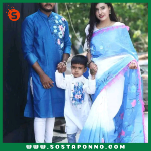 কাপল সেট (শাড়ি পাঞ্জাবি এবং বেবি পাঞ্জাবি) বিবরণ: এই কাপল সেটটি সম্পূর্ণ পরিবারের জন্য উপযুক্ত এবং বিশেষ দিনে আপনাদের পুরো পরিবারের সাজকে করে তুলবে আকর্ষণীয় ও স্মরণীয়। বিশেষ করে ঐতিহ্যবাহী ও আরামদায়ক হাফ সিল্ক এবং ধুপিয়ান কটনের কাপড় দিয়ে তৈরি এই কাপল সেটের প্রতিটি টুকরো আপনাকে অনন্যতার অনুভূতি দেবে। প্রিয়জন এবং ছোট্ট সোনামণির জন্য এমন অনন্য ডিজাইনের একটি কাপল সেট সংগ্রহের সুযোগ হাতছাড়া করবেন না! বৈশিষ্ট্য: শাড়ি: এই হাফ সিল্ক শাড়িটি ১২ হাত লম্বা এবং হ্যান্ড প্রিন্টের কারুকাজে সমৃদ্ধ। সিল্কের মসৃণ স্পর্শ এবং হ্যান্ড প্রিন্টের নান্দনিকতা, শাড়িটিকে আরও মনোমুগ্ধকর করে তোলে। এটি যে কোনো উৎসব বা বিশেষ দিনের জন্য একদম মানানসই, যেখানে আপনি হয়ে উঠবেন সবার মধ্যমণি। এই শাড়িটি কালার গ্যারান্টিসহ দেয়া হয়েছে, তাই এটি ব্যবহারে রঙের উজ্জ্বলতা বজায় থাকবে বহুদিন। পুরুষদের পাঞ্জাবি: ধুপিয়ান কটনের তৈরি এই পাঞ্জাবিটি হ্যান্ড প্রিন্টের কাজের জন্য বিশেষভাবে তৈরি। কটনের আরামদায়ক এবং শীতল স্পর্শ প্রতিটি দিনেই আপনার আরামকে বাড়িয়ে তুলবে। বিশেষ করে যেকোনো পারিবারিক অনুষ্ঠান বা মিলনমেলায় এটি আপনাকে ঐতিহ্যবাহী ও স্টাইলিশ লুক দেবে। বেবি পাঞ্জাবি: আপনার ছোট্ট সোনামণির জন্য এই আরামদায়ক ধুপিয়ান কটনের পাঞ্জাবিটি একদম উপযুক্ত। বাচ্চাদের ত্বকের জন্য উপযোগী এবং আরামদায়ক এই পাঞ্জাবিটি দেখতে যেমন সুন্দর তেমনই তার জন্য মিষ্টি লুক এনে দেবে। এর হ্যান্ড প্রিন্ট কাজের কারুকাজ তাকে সবার মাঝে আলাদা করে তুলবে। কালার গ্যারান্টি: প্রতিটি পোশাকেই রয়েছে কালার গ্যারান্টি, যা বহুদিন ব্যবহারের পরও উজ্জ্বলতা এবং রঙের স্থায়িত্ব বজায় রাখবে। তাই আপনি নিশ্চিত থাকতে পারেন যে, এই কাপল সেটটি দীর্ঘদিন ধরে তার রঙ ও মান বজায় রাখবে। বিশেষত্ব: এই কাপল সেটটি এমনভাবে তৈরি করা হয়েছে যাতে পুরো পরিবারের জন্য একটি সুন্দর ঐক্যপূর্ণ লুক প্রদান করে। ঐতিহ্যবাহী পোশাকের সৌন্দর্য এবং আধুনিক ডিজাইনের সংমিশ্রণ এই সেটকে সকল বয়সের জন্য মানানসই করে তুলেছে। আপনার পরিবারকে ঐতিহ্য ও ভালোবাসার বন্ধনে আবদ্ধ করে বিশেষ দিনগুলোতে তাদের অনন্য রূপে গড়ে তুলুন। অর্ডার করতে দেরি করবেন না—এখনই অর্ডার করে পুরো ফ্যামিলির জন্য এই বিশেষ কাপল সেটটি সংগ্রহ করুন এবং প্রতিটি মুহূর্তকে আরো রঙিন ও স্মরণীয় করে তুলুন!