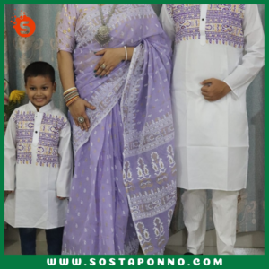 কাপল সেট (শাড়ি পাঞ্জাবি এবং বেবি পাঞ্জাবি) বিবরণ: এই কাপল সেটটি সম্পূর্ণ পরিবারের জন্য উপযুক্ত এবং বিশেষ দিনে আপনাদের পুরো পরিবারের সাজকে করে তুলবে আকর্ষণীয় ও স্মরণীয়। বিশেষ করে ঐতিহ্যবাহী ও আরামদায়ক হাফ সিল্ক এবং ধুপিয়ান কটনের কাপড় দিয়ে তৈরি এই কাপল সেটের প্রতিটি টুকরো আপনাকে অনন্যতার অনুভূতি দেবে। প্রিয়জন এবং ছোট্ট সোনামণির জন্য এমন অনন্য ডিজাইনের একটি কাপল সেট সংগ্রহের সুযোগ হাতছাড়া করবেন না! বৈশিষ্ট্য: শাড়ি: এই হাফ সিল্ক শাড়িটি ১২ হাত লম্বা এবং হ্যান্ড প্রিন্টের কারুকাজে সমৃদ্ধ। সিল্কের মসৃণ স্পর্শ এবং হ্যান্ড প্রিন্টের নান্দনিকতা, শাড়িটিকে আরও মনোমুগ্ধকর করে তোলে। এটি যে কোনো উৎসব বা বিশেষ দিনের জন্য একদম মানানসই, যেখানে আপনি হয়ে উঠবেন সবার মধ্যমণি। এই শাড়িটি কালার গ্যারান্টিসহ দেয়া হয়েছে, তাই এটি ব্যবহারে রঙের উজ্জ্বলতা বজায় থাকবে বহুদিন। পুরুষদের পাঞ্জাবি: ধুপিয়ান কটনের তৈরি এই পাঞ্জাবিটি হ্যান্ড প্রিন্টের কাজের জন্য বিশেষভাবে তৈরি। কটনের আরামদায়ক এবং শীতল স্পর্শ প্রতিটি দিনেই আপনার আরামকে বাড়িয়ে তুলবে। বিশেষ করে যেকোনো পারিবারিক অনুষ্ঠান বা মিলনমেলায় এটি আপনাকে ঐতিহ্যবাহী ও স্টাইলিশ লুক দেবে। বেবি পাঞ্জাবি: আপনার ছোট্ট সোনামণির জন্য এই আরামদায়ক ধুপিয়ান কটনের পাঞ্জাবিটি একদম উপযুক্ত। বাচ্চাদের ত্বকের জন্য উপযোগী এবং আরামদায়ক এই পাঞ্জাবিটি দেখতে যেমন সুন্দর তেমনই তার জন্য মিষ্টি লুক এনে দেবে। এর হ্যান্ড প্রিন্ট কাজের কারুকাজ তাকে সবার মাঝে আলাদা করে তুলবে। কালার গ্যারান্টি: প্রতিটি পোশাকেই রয়েছে কালার গ্যারান্টি, যা বহুদিন ব্যবহারের পরও উজ্জ্বলতা এবং রঙের স্থায়িত্ব বজায় রাখবে। তাই আপনি নিশ্চিত থাকতে পারেন যে, এই কাপল সেটটি দীর্ঘদিন ধরে তার রঙ ও মান বজায় রাখবে। বিশেষত্ব: এই কাপল সেটটি এমনভাবে তৈরি করা হয়েছে যাতে পুরো পরিবারের জন্য একটি সুন্দর ঐক্যপূর্ণ লুক প্রদান করে। ঐতিহ্যবাহী পোশাকের সৌন্দর্য এবং আধুনিক ডিজাইনের সংমিশ্রণ এই সেটকে সকল বয়সের জন্য মানানসই করে তুলেছে। আপনার পরিবারকে ঐতিহ্য ও ভালোবাসার বন্ধনে আবদ্ধ করে বিশেষ দিনগুলোতে তাদের অনন্য রূপে গড়ে তুলুন। অর্ডার করতে দেরি করবেন না—এখনই অর্ডার করে পুরো ফ্যামিলির জন্য এই বিশেষ কাপল সেটটি সংগ্রহ করুন এবং প্রতিটি মুহূর্তকে আরো রঙিন ও স্মরণীয় করে তুলুন!