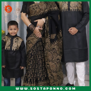 কাপল সেট (শাড়ি পাঞ্জাবি এবং বেবি পাঞ্জাবি) বিবরণ: এই কাপল সেটটি সম্পূর্ণ পরিবারের জন্য উপযুক্ত এবং বিশেষ দিনে আপনাদের পুরো পরিবারের সাজকে করে তুলবে আকর্ষণীয় ও স্মরণীয়। বিশেষ করে ঐতিহ্যবাহী ও আরামদায়ক হাফ সিল্ক এবং ধুপিয়ান কটনের কাপড় দিয়ে তৈরি এই কাপল সেটের প্রতিটি টুকরো আপনাকে অনন্যতার অনুভূতি দেবে। প্রিয়জন এবং ছোট্ট সোনামণির জন্য এমন অনন্য ডিজাইনের একটি কাপল সেট সংগ্রহের সুযোগ হাতছাড়া করবেন না! বৈশিষ্ট্য: শাড়ি: এই হাফ সিল্ক শাড়িটি ১২ হাত লম্বা এবং হ্যান্ড প্রিন্টের কারুকাজে সমৃদ্ধ। সিল্কের মসৃণ স্পর্শ এবং হ্যান্ড প্রিন্টের নান্দনিকতা, শাড়িটিকে আরও মনোমুগ্ধকর করে তোলে। এটি যে কোনো উৎসব বা বিশেষ দিনের জন্য একদম মানানসই, যেখানে আপনি হয়ে উঠবেন সবার মধ্যমণি। এই শাড়িটি কালার গ্যারান্টিসহ দেয়া হয়েছে, তাই এটি ব্যবহারে রঙের উজ্জ্বলতা বজায় থাকবে বহুদিন। পুরুষদের পাঞ্জাবি: ধুপিয়ান কটনের তৈরি এই পাঞ্জাবিটি হ্যান্ড প্রিন্টের কাজের জন্য বিশেষভাবে তৈরি। কটনের আরামদায়ক এবং শীতল স্পর্শ প্রতিটি দিনেই আপনার আরামকে বাড়িয়ে তুলবে। বিশেষ করে যেকোনো পারিবারিক অনুষ্ঠান বা মিলনমেলায় এটি আপনাকে ঐতিহ্যবাহী ও স্টাইলিশ লুক দেবে। বেবি পাঞ্জাবি: আপনার ছোট্ট সোনামণির জন্য এই আরামদায়ক ধুপিয়ান কটনের পাঞ্জাবিটি একদম উপযুক্ত। বাচ্চাদের ত্বকের জন্য উপযোগী এবং আরামদায়ক এই পাঞ্জাবিটি দেখতে যেমন সুন্দর তেমনই তার জন্য মিষ্টি লুক এনে দেবে। এর হ্যান্ড প্রিন্ট কাজের কারুকাজ তাকে সবার মাঝে আলাদা করে তুলবে। কালার গ্যারান্টি: প্রতিটি পোশাকেই রয়েছে কালার গ্যারান্টি, যা বহুদিন ব্যবহারের পরও উজ্জ্বলতা এবং রঙের স্থায়িত্ব বজায় রাখবে। তাই আপনি নিশ্চিত থাকতে পারেন যে, এই কাপল সেটটি দীর্ঘদিন ধরে তার রঙ ও মান বজায় রাখবে। বিশেষত্ব: এই কাপল সেটটি এমনভাবে তৈরি করা হয়েছে যাতে পুরো পরিবারের জন্য একটি সুন্দর ঐক্যপূর্ণ লুক প্রদান করে। ঐতিহ্যবাহী পোশাকের সৌন্দর্য এবং আধুনিক ডিজাইনের সংমিশ্রণ এই সেটকে সকল বয়সের জন্য মানানসই করে তুলেছে। আপনার পরিবারকে ঐতিহ্য ও ভালোবাসার বন্ধনে আবদ্ধ করে বিশেষ দিনগুলোতে তাদের অনন্য রূপে গড়ে তুলুন। অর্ডার করতে দেরি করবেন না—এখনই অর্ডার করে পুরো ফ্যামিলির জন্য এই বিশেষ কাপল সেটটি সংগ্রহ করুন এবং প্রতিটি মুহূর্তকে আরো রঙিন ও স্মরণীয় করে তুলুন!