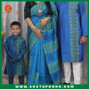 কাপল সেট (শাড়ি পাঞ্জাবি এবং বেবি পাঞ্জাবি) বিবরণ: এই কাপল সেটটি সম্পূর্ণ পরিবারের জন্য উপযুক্ত এবং বিশেষ দিনে আপনাদের পুরো পরিবারের সাজকে করে তুলবে আকর্ষণীয় ও স্মরণীয়। বিশেষ করে ঐতিহ্যবাহী ও আরামদায়ক হাফ সিল্ক এবং ধুপিয়ান কটনের কাপড় দিয়ে তৈরি এই কাপল সেটের প্রতিটি টুকরো আপনাকে অনন্যতার অনুভূতি দেবে। প্রিয়জন এবং ছোট্ট সোনামণির জন্য এমন অনন্য ডিজাইনের একটি কাপল সেট সংগ্রহের সুযোগ হাতছাড়া করবেন না! বৈশিষ্ট্য: শাড়ি: এই হাফ সিল্ক শাড়িটি ১২ হাত লম্বা এবং হ্যান্ড প্রিন্টের কারুকাজে সমৃদ্ধ। সিল্কের মসৃণ স্পর্শ এবং হ্যান্ড প্রিন্টের নান্দনিকতা, শাড়িটিকে আরও মনোমুগ্ধকর করে তোলে। এটি যে কোনো উৎসব বা বিশেষ দিনের জন্য একদম মানানসই, যেখানে আপনি হয়ে উঠবেন সবার মধ্যমণি। এই শাড়িটি কালার গ্যারান্টিসহ দেয়া হয়েছে, তাই এটি ব্যবহারে রঙের উজ্জ্বলতা বজায় থাকবে বহুদিন। পুরুষদের পাঞ্জাবি: ধুপিয়ান কটনের তৈরি এই পাঞ্জাবিটি হ্যান্ড প্রিন্টের কাজের জন্য বিশেষভাবে তৈরি। কটনের আরামদায়ক এবং শীতল স্পর্শ প্রতিটি দিনেই আপনার আরামকে বাড়িয়ে তুলবে। বিশেষ করে যেকোনো পারিবারিক অনুষ্ঠান বা মিলনমেলায় এটি আপনাকে ঐতিহ্যবাহী ও স্টাইলিশ লুক দেবে। বেবি পাঞ্জাবি: আপনার ছোট্ট সোনামণির জন্য এই আরামদায়ক ধুপিয়ান কটনের পাঞ্জাবিটি একদম উপযুক্ত। বাচ্চাদের ত্বকের জন্য উপযোগী এবং আরামদায়ক এই পাঞ্জাবিটি দেখতে যেমন সুন্দর তেমনই তার জন্য মিষ্টি লুক এনে দেবে। এর হ্যান্ড প্রিন্ট কাজের কারুকাজ তাকে সবার মাঝে আলাদা করে তুলবে। কালার গ্যারান্টি: প্রতিটি পোশাকেই রয়েছে কালার গ্যারান্টি, যা বহুদিন ব্যবহারের পরও উজ্জ্বলতা এবং রঙের স্থায়িত্ব বজায় রাখবে। তাই আপনি নিশ্চিত থাকতে পারেন যে, এই কাপল সেটটি দীর্ঘদিন ধরে তার রঙ ও মান বজায় রাখবে। বিশেষত্ব: এই কাপল সেটটি এমনভাবে তৈরি করা হয়েছে যাতে পুরো পরিবারের জন্য একটি সুন্দর ঐক্যপূর্ণ লুক প্রদান করে। ঐতিহ্যবাহী পোশাকের সৌন্দর্য এবং আধুনিক ডিজাইনের সংমিশ্রণ এই সেটকে সকল বয়সের জন্য মানানসই করে তুলেছে। আপনার পরিবারকে ঐতিহ্য ও ভালোবাসার বন্ধনে আবদ্ধ করে বিশেষ দিনগুলোতে তাদের অনন্য রূপে গড়ে তুলুন। অর্ডার করতে দেরি করবেন না—এখনই অর্ডার করে পুরো ফ্যামিলির জন্য এই বিশেষ কাপল সেটটি সংগ্রহ করুন এবং প্রতিটি মুহূর্তকে আরো রঙিন ও স্মরণীয় করে তুলুন!