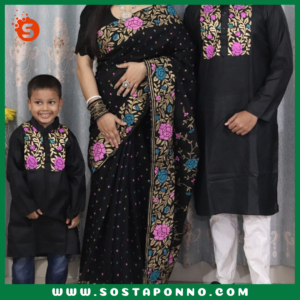 কাপল সেট (শাড়ি পাঞ্জাবি এবং বেবি পাঞ্জাবি) বিবরণ: এই কাপল সেটটি সম্পূর্ণ পরিবারের জন্য উপযুক্ত এবং বিশেষ দিনে আপনাদের পুরো পরিবারের সাজকে করে তুলবে আকর্ষণীয় ও স্মরণীয়। বিশেষ করে ঐতিহ্যবাহী ও আরামদায়ক হাফ সিল্ক এবং ধুপিয়ান কটনের কাপড় দিয়ে তৈরি এই কাপল সেটের প্রতিটি টুকরো আপনাকে অনন্যতার অনুভূতি দেবে। প্রিয়জন এবং ছোট্ট সোনামণির জন্য এমন অনন্য ডিজাইনের একটি কাপল সেট সংগ্রহের সুযোগ হাতছাড়া করবেন না! বৈশিষ্ট্য: শাড়ি: এই হাফ সিল্ক শাড়িটি ১২ হাত লম্বা এবং হ্যান্ড প্রিন্টের কারুকাজে সমৃদ্ধ। সিল্কের মসৃণ স্পর্শ এবং হ্যান্ড প্রিন্টের নান্দনিকতা, শাড়িটিকে আরও মনোমুগ্ধকর করে তোলে। এটি যে কোনো উৎসব বা বিশেষ দিনের জন্য একদম মানানসই, যেখানে আপনি হয়ে উঠবেন সবার মধ্যমণি। এই শাড়িটি কালার গ্যারান্টিসহ দেয়া হয়েছে, তাই এটি ব্যবহারে রঙের উজ্জ্বলতা বজায় থাকবে বহুদিন। পুরুষদের পাঞ্জাবি: ধুপিয়ান কটনের তৈরি এই পাঞ্জাবিটি হ্যান্ড প্রিন্টের কাজের জন্য বিশেষভাবে তৈরি। কটনের আরামদায়ক এবং শীতল স্পর্শ প্রতিটি দিনেই আপনার আরামকে বাড়িয়ে তুলবে। বিশেষ করে যেকোনো পারিবারিক অনুষ্ঠান বা মিলনমেলায় এটি আপনাকে ঐতিহ্যবাহী ও স্টাইলিশ লুক দেবে। বেবি পাঞ্জাবি: আপনার ছোট্ট সোনামণির জন্য এই আরামদায়ক ধুপিয়ান কটনের পাঞ্জাবিটি একদম উপযুক্ত। বাচ্চাদের ত্বকের জন্য উপযোগী এবং আরামদায়ক এই পাঞ্জাবিটি দেখতে যেমন সুন্দর তেমনই তার জন্য মিষ্টি লুক এনে দেবে। এর হ্যান্ড প্রিন্ট কাজের কারুকাজ তাকে সবার মাঝে আলাদা করে তুলবে। কালার গ্যারান্টি: প্রতিটি পোশাকেই রয়েছে কালার গ্যারান্টি, যা বহুদিন ব্যবহারের পরও উজ্জ্বলতা এবং রঙের স্থায়িত্ব বজায় রাখবে। তাই আপনি নিশ্চিত থাকতে পারেন যে, এই কাপল সেটটি দীর্ঘদিন ধরে তার রঙ ও মান বজায় রাখবে। বিশেষত্ব: এই কাপল সেটটি এমনভাবে তৈরি করা হয়েছে যাতে পুরো পরিবারের জন্য একটি সুন্দর ঐক্যপূর্ণ লুক প্রদান করে। ঐতিহ্যবাহী পোশাকের সৌন্দর্য এবং আধুনিক ডিজাইনের সংমিশ্রণ এই সেটকে সকল বয়সের জন্য মানানসই করে তুলেছে। আপনার পরিবারকে ঐতিহ্য ও ভালোবাসার বন্ধনে আবদ্ধ করে বিশেষ দিনগুলোতে তাদের অনন্য রূপে গড়ে তুলুন। অর্ডার করতে দেরি করবেন না—এখনই অর্ডার করে পুরো ফ্যামিলির জন্য এই বিশেষ কাপল সেটটি সংগ্রহ করুন এবং প্রতিটি মুহূর্তকে আরো রঙিন ও স্মরণীয় করে তুলুন!