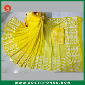 কাপল সেট (শাড়ি এবং পাঞ্জাবি) বিবরণ: এই কাপল সেট(শাড়ি এবং পাঞ্জাবি) বিশেষভাবে ডিজাইন করা হয়েছে, যা আপনার এবং আপনার প্রিয়জনের পোশাকের মধ্যে একটি ঐক্যপূর্ণ সৌন্দর্য যোগ করবে। পারিবারিক অনুষ্ঠান, বিশেষ দিন বা উৎসব—যেকোনো আয়োজনে আপনি এবং আপনার সঙ্গী এই সেটটি পরে হয়ে উঠবেন নজরকাড়া। এই সেটটিতে রয়েছে একটি ধুপিয়ান সিল্কের শাড়ি এবং ধুপিয়ান কটনের পাঞ্জাবি, যা স্টাইল এবং মানের সমন্বয় ঘটিয়েছে, এবং দীর্ঘ সময় ধরে আরাম প্রদান করবে। বৈশিষ্ট্য: শাড়ি: এই ধুপিয়ান সিল্ক শাড়িটি তার দীর্ঘ ১২ হাত দৈর্ঘ্যের জন্য বিশেষভাবে প্রশংসিত। এতে স্কিনপ্রিন্টের কাজ করা হয়েছে, যা শাড়িটিকে আরও চিত্তাকর্ষক করে তোলে এবং যেকোনো অনুষ্ঠানে পরার জন্য একদম পারফেক্ট। পাঞ্জাবি: পুরুষদের জন্য আরামদায়ক এবং স্টাইলিশ ধুপিয়ান কটনের পাঞ্জাবি, যা পোশাকে এনে দেয় বিশুদ্ধ বাঙালি ঐতিহ্যের ছোঁয়া। এটি ধুপিয়ান কটনের হওয়ায় দীর্ঘক্ষণ পরলেও বেশ আরামদায়ক অনুভূতি দেবে। কালার গ্যারান্টি: কাপড়ের মানের প্রতি আমাদের সম্পূর্ণ প্রতিশ্রুতি রয়েছে, তাই এই সেটের রঙ থাকবে উজ্জ্বল এবং অক্ষয়। বারবার ধোওয়ার পরেও রঙ থাকবে প্রায় নতুনের মতো। এই কাপল সেটটি আপনাকে এবং আপনার সঙ্গীকে দিবে এক অনন্য বৈচিত্র্যময় এবং স্টাইলিশ লুক। বিশেষ মুহূর্তগুলোকে আরও সুন্দর ও স্মরণীয় করে তুলতে এখনই অর্ডার করুন এই এক্সক্লুসিভ কাপল সেটটি। বিশেষ উল্লেখ: এই শাড়ি ও পাঞ্জাবির সেটটি বাঙালি ঐতিহ্যের এক অসাধারণ মেলবন্ধন। আপনার জীবনের বিশেষ দিনগুলোতে এটি হয়ে উঠতে পারে আপনার স্টাইলের এক অনন্য সংযোজন।