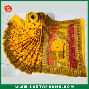 কাপল সেট (শাড়ি এবং পাঞ্জাবি) বিবরণ: এই কাপল সেট(শাড়ি এবং পাঞ্জাবি) বিশেষভাবে ডিজাইন করা হয়েছে, যা আপনার এবং আপনার প্রিয়জনের পোশাকের মধ্যে একটি ঐক্যপূর্ণ সৌন্দর্য যোগ করবে। পারিবারিক অনুষ্ঠান, বিশেষ দিন বা উৎসব—যেকোনো আয়োজনে আপনি এবং আপনার সঙ্গী এই সেটটি পরে হয়ে উঠবেন নজরকাড়া। এই সেটটিতে রয়েছে একটি ধুপিয়ান সিল্কের শাড়ি এবং ধুপিয়ান কটনের পাঞ্জাবি, যা স্টাইল এবং মানের সমন্বয় ঘটিয়েছে, এবং দীর্ঘ সময় ধরে আরাম প্রদান করবে। বৈশিষ্ট্য: শাড়ি: এই ধুপিয়ান সিল্ক শাড়িটি তার দীর্ঘ ১২ হাত দৈর্ঘ্যের জন্য বিশেষভাবে প্রশংসিত। এতে স্কিনপ্রিন্টের কাজ করা হয়েছে, যা শাড়িটিকে আরও চিত্তাকর্ষক করে তোলে এবং যেকোনো অনুষ্ঠানে পরার জন্য একদম পারফেক্ট। পাঞ্জাবি: পুরুষদের জন্য আরামদায়ক এবং স্টাইলিশ ধুপিয়ান কটনের পাঞ্জাবি, যা পোশাকে এনে দেয় বিশুদ্ধ বাঙালি ঐতিহ্যের ছোঁয়া। এটি ধুপিয়ান কটনের হওয়ায় দীর্ঘক্ষণ পরলেও বেশ আরামদায়ক অনুভূতি দেবে। কালার গ্যারান্টি: কাপড়ের মানের প্রতি আমাদের সম্পূর্ণ প্রতিশ্রুতি রয়েছে, তাই এই সেটের রঙ থাকবে উজ্জ্বল এবং অক্ষয়। বারবার ধোওয়ার পরেও রঙ থাকবে প্রায় নতুনের মতো। এই কাপল সেটটি আপনাকে এবং আপনার সঙ্গীকে দিবে এক অনন্য বৈচিত্র্যময় এবং স্টাইলিশ লুক। বিশেষ মুহূর্তগুলোকে আরও সুন্দর ও স্মরণীয় করে তুলতে এখনই অর্ডার করুন এই এক্সক্লুসিভ কাপল সেটটি। বিশেষ উল্লেখ: এই শাড়ি ও পাঞ্জাবির সেটটি বাঙালি ঐতিহ্যের এক অসাধারণ মেলবন্ধন। আপনার জীবনের বিশেষ দিনগুলোতে এটি হয়ে উঠতে পারে আপনার স্টাইলের এক অনন্য সংযোজন।